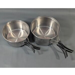 Vintage Stainless Steel Nesting Camping Pot Set Folding Handles 2 Piece